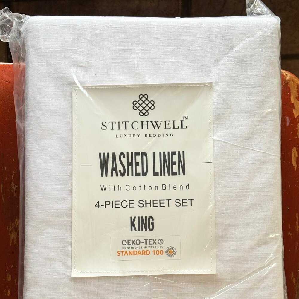 Stitchwell Washed Linen / Cotton Blend Sheet Set - KING Size Set (WHITE)